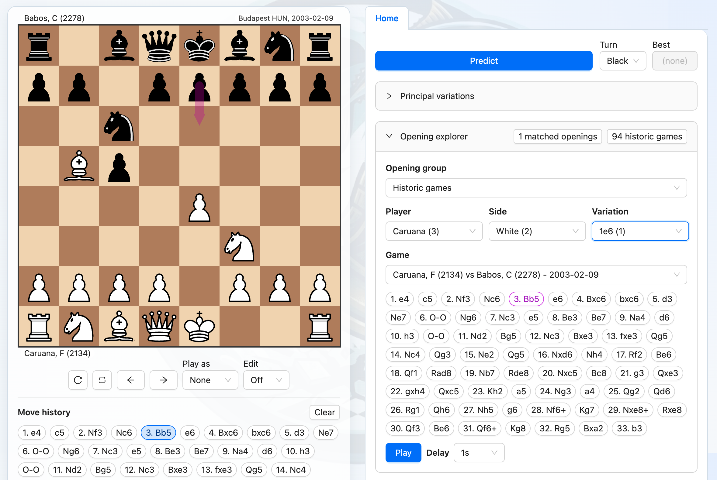 Historic games explorer showing player, side, variation, and game filters.