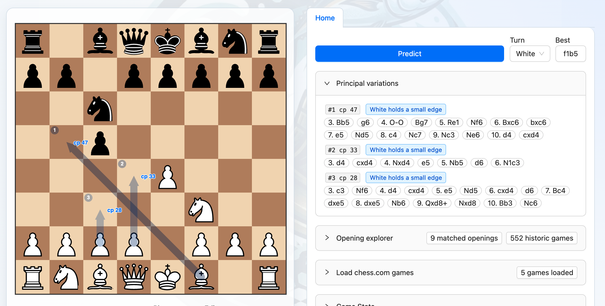 Move prediction view showing principal variation arrows and Stockfish candidate lines.