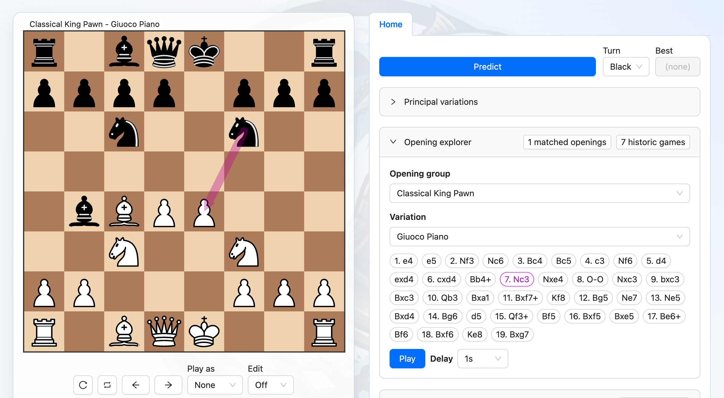 Opening explorer view showing an opening line, highlighted move list, and magenta next-move arrow.