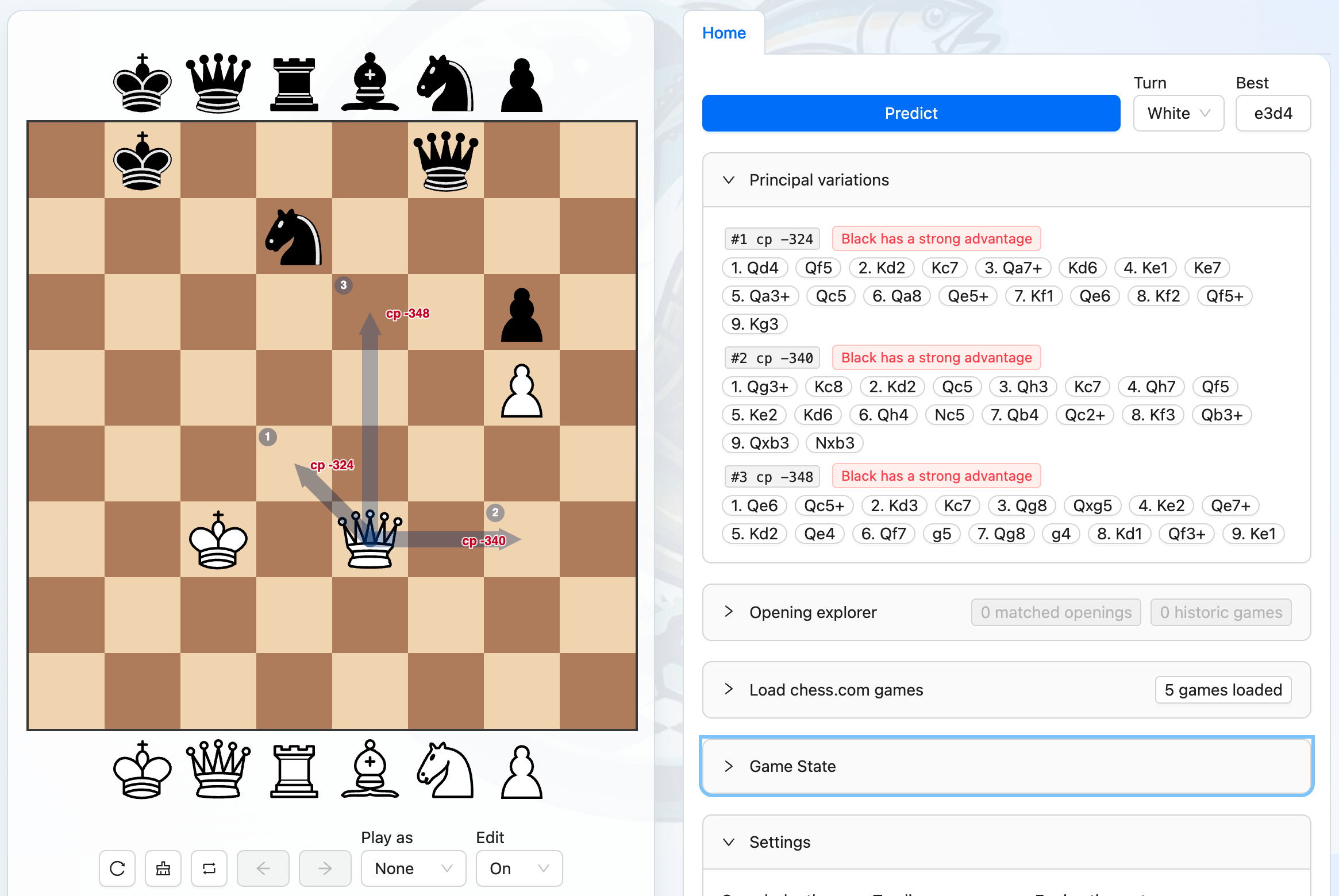 Position editor view showing spare pieces around a custom chess position.